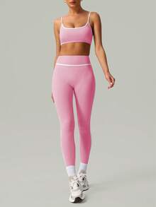 2 PCS CO Ord Set Spring And Summer Women Fashion White Line Yoga Sports Bra And Legging - Hồng - Xem 4