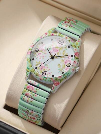 1 pezzo Orologio da polso al quarzo da donna con stampa, cinturino elastico, stile casual con quadrante numerico, elegante classico, senza scatola