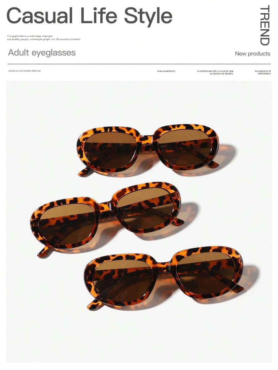 3 副女士亚克力复古椭圆形镜框豹纹有色镜片时尚眼镜，适合夏季外出、服装搭配和旅行配饰