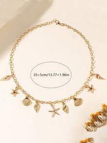 1 件波西米亚风复古海洋风格项链，带可爱海螺、海星、贝壳吊坠，适合日常和度假穿着，金色 - 彩色 - 查看 3