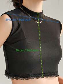 1 pieza Top corto de mujer con cuello alto, recorte de encaje de malla y sin mangas, estilo elegante adecuado para primavera, verano, otoño, invierno
