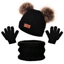 3pcs/Set Kids Warm Heart Knitted Cap Set, Fashion Cold Proof Outfit For Autumn/Winter - Solid Color Leather Label 3 Piece Set - View 13