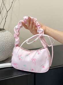 1 Peça Bolsa Transversal de Lona Floral Versátil, Bolsa com Alça de Ombro Casual Fofa com Cordão Embaixo do Braço, Portátil