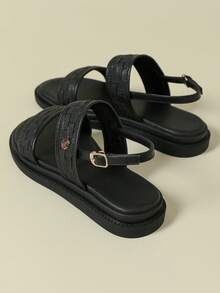 Giày sandal nữ đế dày, quai cài, khóa cài, họa tiết dệt không đều, phong cách retro bohemian, hở mũi, thoải mái, thoáng khí, thích hợp đi ngoài trời, đi biển, bộ sưu tập Xuân/Hè 2026, sandal La Mã quai ngang màu đen, mũi tròn, họa tiết dệt không đều, cỡ lớn 41-43. - màu đen - Xem 5