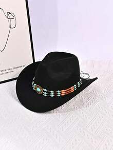 1 件男女通用巴拿马草帽，牛仔毡帽，带绿松石带，复古卷边太阳帽，送给朋友的礼物，开学季