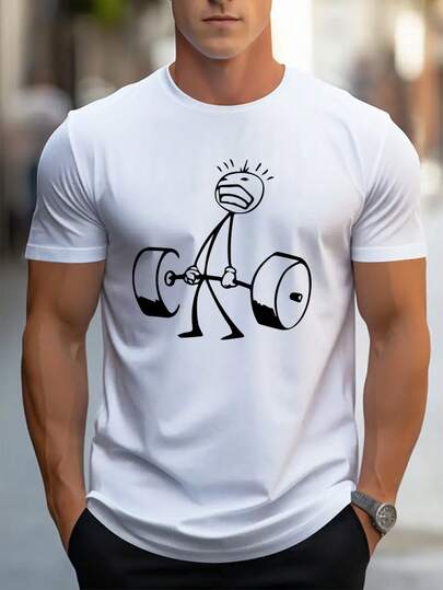 Camiseta de Hombre con Estampado Gráfico de Levantamiento de Pesas, Estilo Casual de Calle, Camiseta Transpirable de Cuello Redondo, Manga Corta Cómoda para Vacaciones de Primavera/Verano, Blanca con Diseño de Mancuernas Negras, Camiseta de Gimnasio, Ropa de Ocio de Verano, Tela Duradera