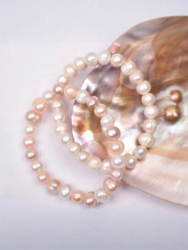 1pc Cultured Freshwater Pearl Beaded Elastic Bracelet, Candy Color Simple & Elegant, Suitable For Women's Daily Wear, Jewelry Gift