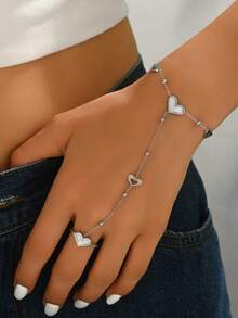 1pc Fashionable White Shell Heart Shaped Stainless Steel Connected Finger Bracelet For Women, High-End Luxury Versatile Celebration Holiday Sexy Ring Bracelet Jewelry - Yellow Gold - View 5