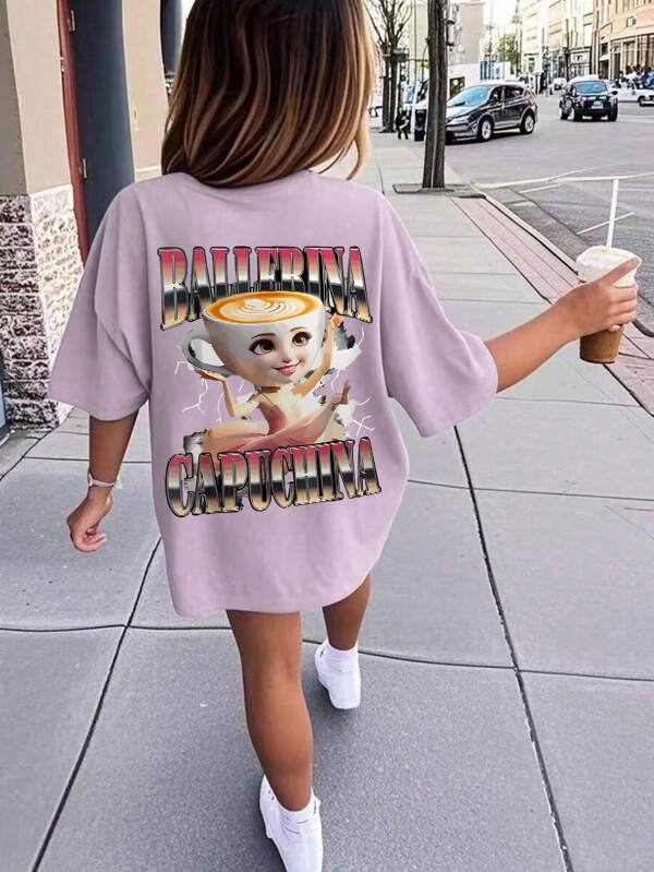 1PC Teen Girls Coffee Ballerina Graphic Short Sleeve Oversized T - Shirt, Soft Skin - Friendly Fabric, Daily Street Summer Style