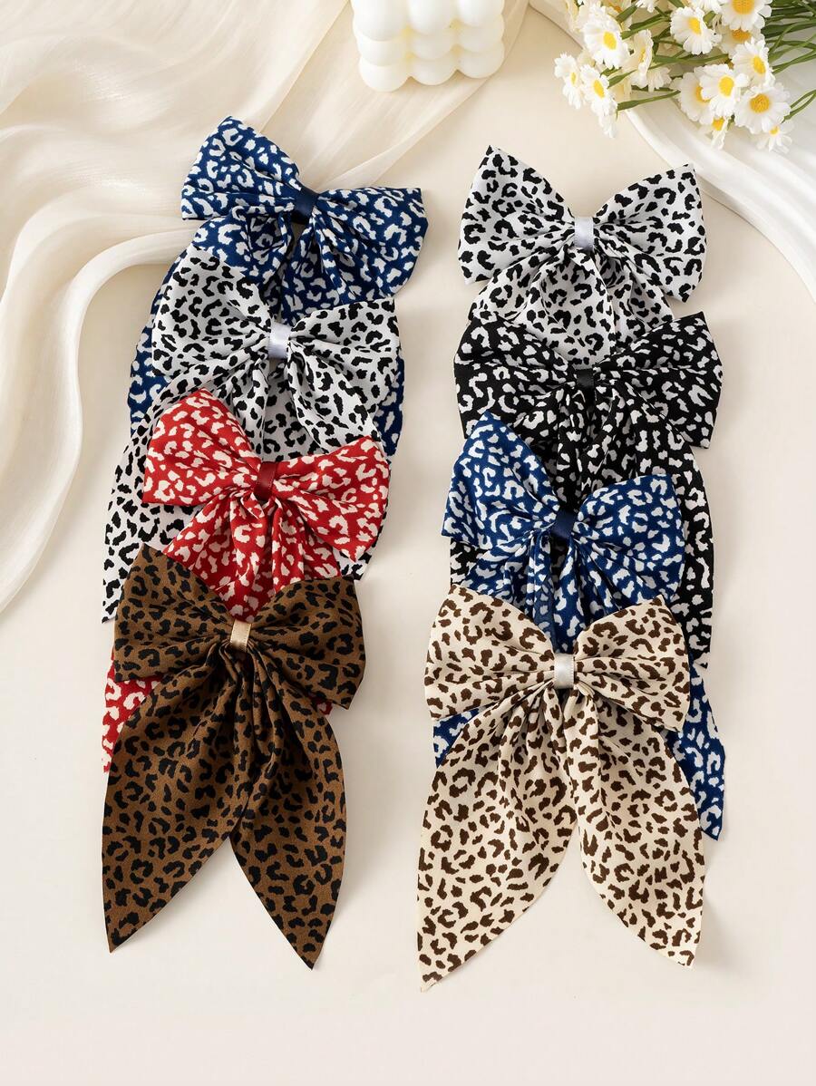6 pièces/set Pinces à cheveux en polyester multicolores avec imprimé léopard et nœud papillon, pinces canard rétro mignonnes minimalistes. Accessoires capillaires convenant pour l'école, les fêtes, les cadeaux et le port quotidien. Pinces à cheveux, pinces à griffes, barrettes, pinces à alligator, fournitures scolaires, accessoires nœuds, imprimé animal