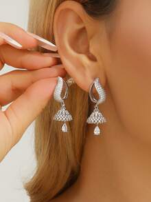 1 Cặp Hoa tai Jhumka sang trọng, Thiết kế hình giọt nước bằng đá Zirconia thanh lịch Hoa tai Jhumki dạng lủng lẳng thanh lịch, Quà tặng trang sức thời trang cho phụ nữ để đeo hàng ngày, lễ hội, đám cưới và tiệc tùng - nhiều màu - Xem 3