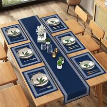 Set de mantel de estilo griego, que incluye manteles individuales lavables y mosquetes en negro, azul y beige con patrón geométrico de líneas florales, adecuado para comedor, sala de estar, cocina, decoración del hogar, contra decoración en estilo vintage, estampado minimalista de doble color o sólido, antideslizante, fácil de limpiar, regalo ideal, multiusos, suave y fácil almacenamiento - Multicolor - Ver 5