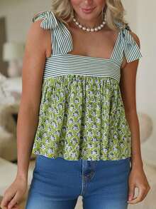 Peplum Babydoll Tank Tops For Women Boho Floral Print Tie-Up Wide Straps Sleeveless Cami Tops Going Out Shirts - 薄荷綠 - 查看 1
