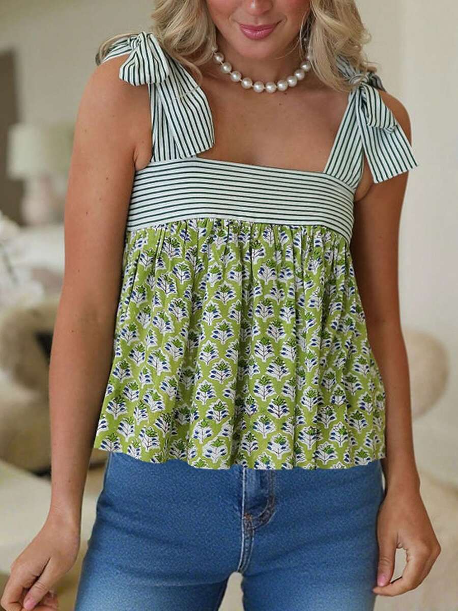 Peplum Babydoll Tank Tops For Women Boho Floral Print Tie-Up Wide Straps Sleeveless Cami Tops Going Out Shirts - 薄荷綠 - 查看 1