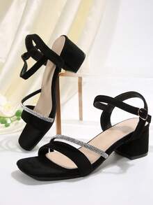 女童简约夏季单带扣高跟凉鞋，适合少女，校园风格，舞鞋 - 黑色 - 查看 7