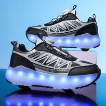 Summer Breathable LED Light-Up Sports Shoes With Detachable 4-Wheel Rollers For Teenagers, Students, Adults, Couples, Fashionable Outdoor Sports Sneakers For Men And Women, Versatile 2-In-1 Design - Black - View 5