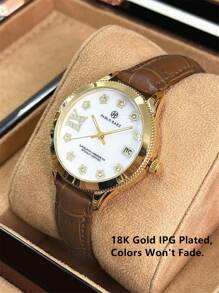 Pablo Raez 1 pieza Reloj de joyería de oro de 18K para mujer, chapado en oro IPG, resistente a la decoloración, de acero inoxidable, accesorio de playa de verano, diseño de lujo, esfera de nácar blanco, estilo retro elegante, reloj de cuarzo con diamantes, diseño de estrella para mujeres estudiantes