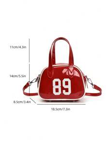 时尚新款女士手提保龄球包，简约别致的数字印花纯色 PU 涂层，带有金属装饰，底部铆钉装饰，双拉链开口，轻巧宽敞，适合旅行、购物、约会