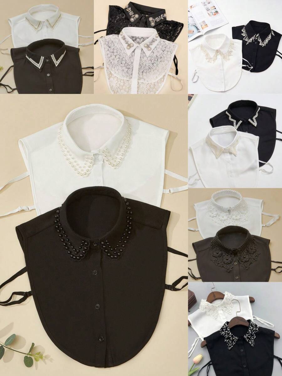1 件女士多功能可拆卸黑白仿珍珠饰边项圈，百搭经典配饰
