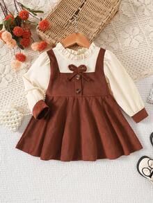 Baby Girl Cute Bow Decor Dress, Suitable For Outdoor Wear, Autumn/Winter - Brown - View 1
