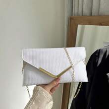 Solid Color Textured Metal Edged Shoulder Bag, Flap Chain Envelope Bag, Crossbody Bag, Wallet, Phone Pouch, Suitable For Dates/Formal Events, Shopping, Wallet, Shopping, Young Women, College Students, Newlyweds, Office Ladies. Ideal For Office, University, Work, Business, Commuting, Outdoor Activities, Travel And Outings - White - View 12