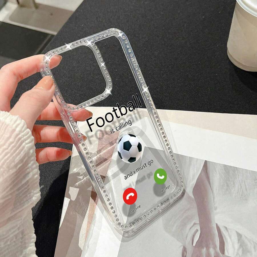 足球 1 件时尚足球主题手机壳，带水钻装饰，适用于 16/16e/16pro/16promax/16plus/15/15pro/15plus/15promax14/14pro/14plus/14promax/13/13pro/13promax/12/12pro/12promax/11/11pro/11promax - 無色 - 查看 1