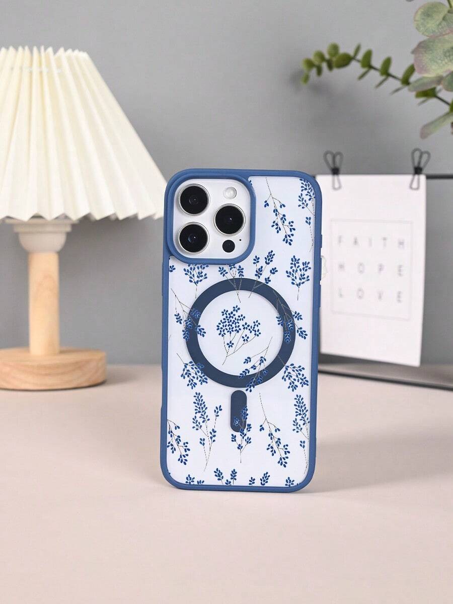GALLAPLE Blue & White Botanical Print Magnetic Phone Case, Minimalist Scandinavian Inspired,Durable And Dirt-Resistant Material With Wireless Charging Design,Compatible With IphoneX/XS/XSMAX/11/11pro/11promax/12/12pro/12promax/13/13pro/13promax/14/14plus/14pro/14promax/15/15plus/15pro/15promax/16/16plus/16pro/16promax - 藏蓝色 - 查看 1