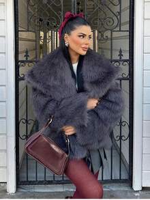 GDDYIN 女士冬季新款纯色仿皮草短款夹克，优雅优质外套，适合晚间约会 - 灰色 - 查看 4