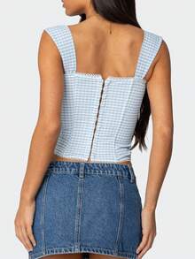 Women Sweetheart Neck Crop Tank Top Y2k Gingham Sleeveless Vest Shirt Slim Fit Cap Sleeve Camisole Streetwear - 藍色 - 查看 3
