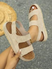 IH2 女士夏季新款纯色边缘钩环手工编织平底凉鞋，百搭休闲度假舒适运动凉鞋 - 杏色 - 查看 3