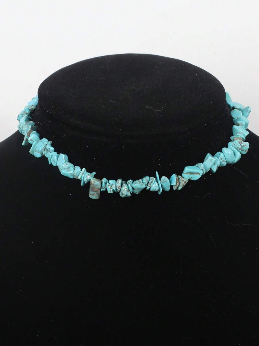 1 件波西米亚天然石不对称绿色串珠项链，适合女士 Y2K 风格日常度假珠宝