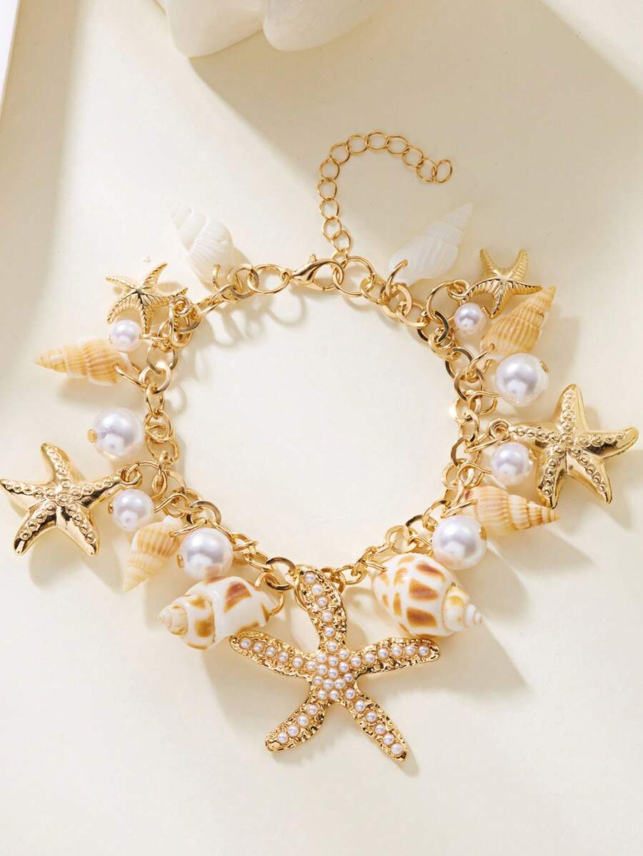 1 件新奇海洋主题链条手链，带星星、贝壳和人造珍珠装饰，适合青少年、日常使用、旅行、礼物