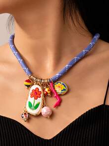1 件时尚彩色绳和合金花朵、珊瑚、鸡蛋花吊坠项链，简约设计，适合女性 - 彩色項鍊 - 查看 2