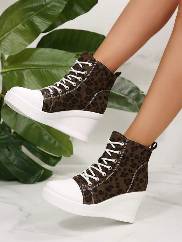 Wedge Heel Leopard Print Casual Lace Up Fabric Sport Sneakers, Canvas College Style Shoes, Suitable For All Seasons