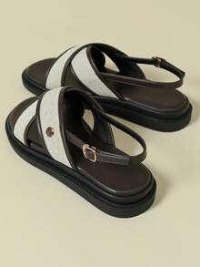 女士厚底单带搭扣凉鞋，黑色撞色流苏波西米亚风复古露趾透气舒适夏季新款坡跟厚底不累脚时尚户外沙滩2026春秋圆头巧克力棕色糖果色运动休闲交叉罗马鞋大码41-43 - 巧克力棕 - 查看 5