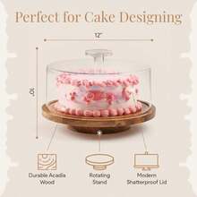Rotating Cake Stand With Lid 12 Inch Round Cake Holder With Cover 4 Tall Acacia Wood Spinning Cake Turntable For Decorating Display And Serving Platter Acrylic Cake Dome No Glass - Brown - View 4