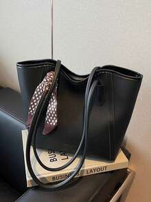 时尚纯色围巾装饰 PU 托特包，大容量通勤复古简约单肩包百搭手提包适合女性 - 黑色 - 查看 7