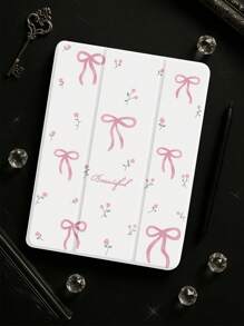Beautiful Pink Letter Flower Bow Painted Pattern Transparent Silicone Shock-Absorbing Stand With Pen Slot, Suitable For Galaxy Tab A8 10.5, S6 Lite 10.4, S7/S8/S9Inch. It Supports Waking Up From Sleep As A Holiday Gift