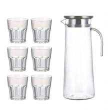 7PCS透明冷水壶，配不锈钢盖和木盖，6个透明杯体，大小漏孔V型防漏喷嘴，水流顺畅 - 用于果汁、牛奶、冷热饮品，家庭餐厅、酒店水壶，适用于家庭厨房、客厅、餐厅、酒吧、派对、户外露营和花园聚会，轻巧耐用，秋季便携