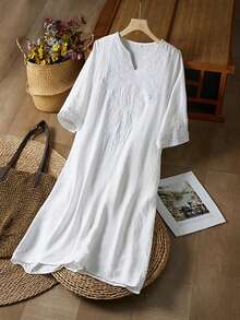Womens Linen Dress Lightweight Long Sleeve V Neck Embroidery Loose Dress Summer Midi Dress - 白色 - 查看 4