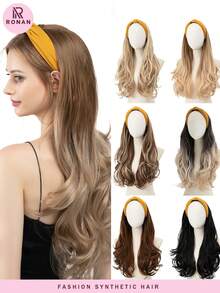 24 英寸头带假发卷发头带假发合成天然耐热纤维波浪假发适合女性女孩 - 棕色 - 查看 2