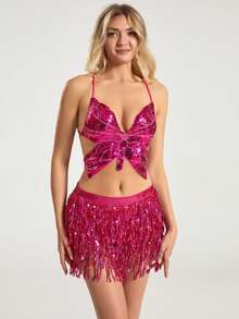 2pcs Set Glitter Fringe Strap Dress For Belly Dancing, Latin Dance, Stage Performance, Competition - 彩色 - 查看 15