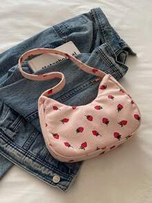 Fashionable Versatile Textured Solid Color New Plant Printed Shoulder Bag, Casual Simple Mini Baguette Square Crossbody Handbag For Women - Pink - View 8