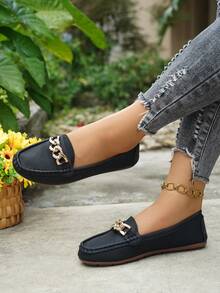 女士春季新款金链优雅一脚蹬乐福鞋，轻便舒适百搭橡胶平底鞋 - 黑色 - 查看 2