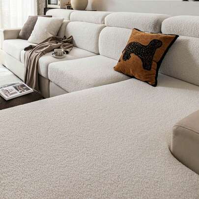 1pc Tidy Teddy Plush Sofa Cover, Elastic Wrap-Around, Warm & Comfortable, Minimalist Ins Style, Pet-Friendly, Non-Slip, Washable, Suitable For L-Shaped Sofa 1/2/3/4 Seats, Living Room, Bedroom, Study