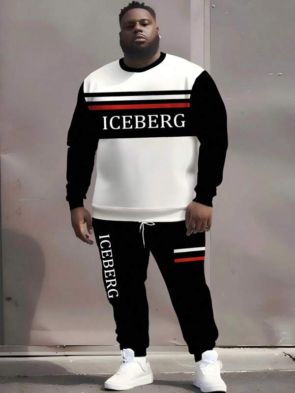 2pcs Plus Size Men's Contrast Stripe Sweatsuit Set, Printed With English "Iceberg" Design, Round Neck Sweatshirt Paired With Drawstring Casual Pants, Fashionable Style