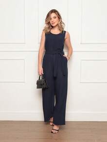 Women's Sleeveless Long Jumpsuit With High Waist Tie Belt And Side Pockets – Elegant And Comfortable - 藏蓝色 - 查看 1