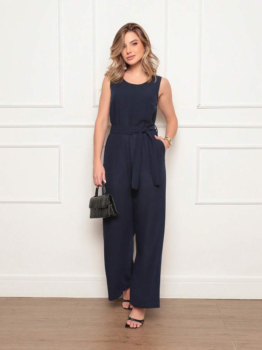 Women's Sleeveless Long Jumpsuit With High Waist Tie Belt And Side Pockets – Elegant And Comfortable - 藏蓝色 - 查看 1