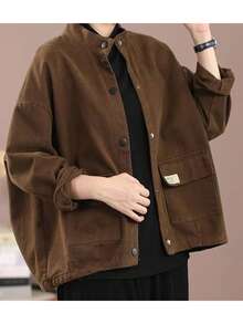 Women Casual Jacket Long Sleeve Stand Neck Button Closure Solid Fall Jacket Outwear - Rust Brown - View 5