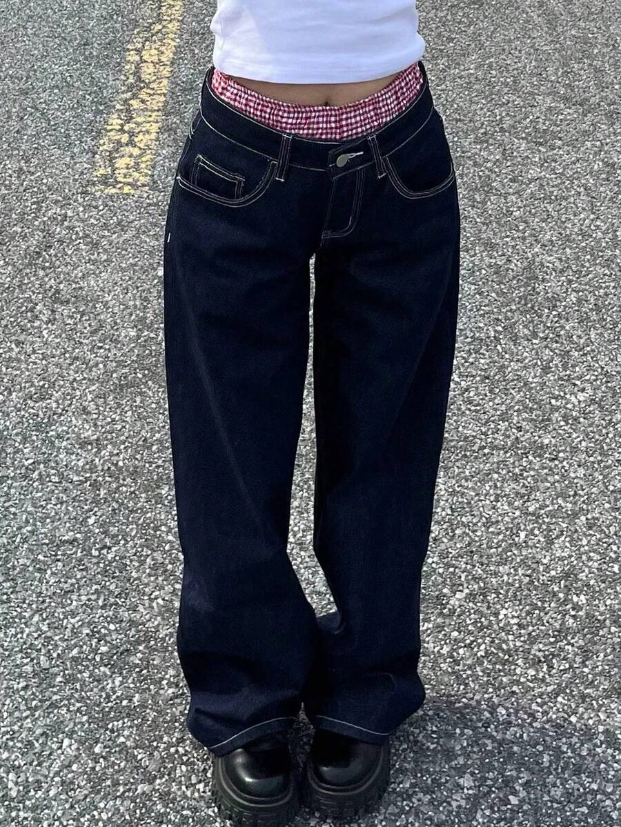 Y2K Streetwear Wide Leg Jeans Slant Pockets Wash Denim Pants Cozy High Quality Daily Casual Outdoor Back To School Fall For Women - 黑色 - 查看 1